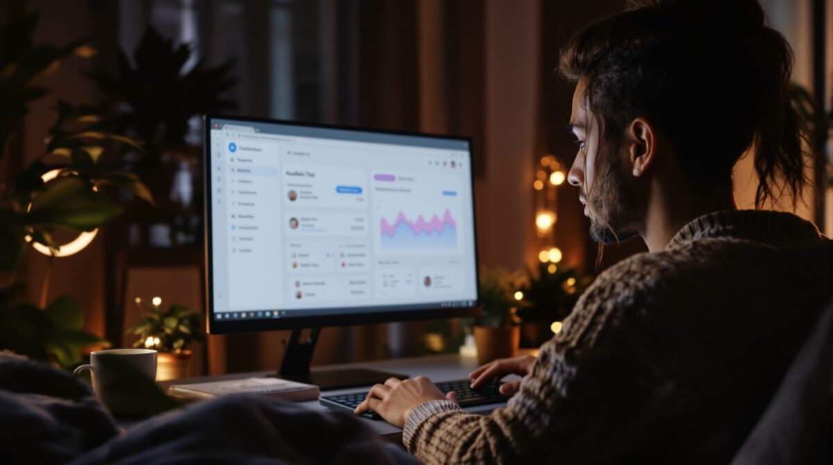 A clean analytics dashboard on a monitor, representing moderation, character management, and engagement tracking for